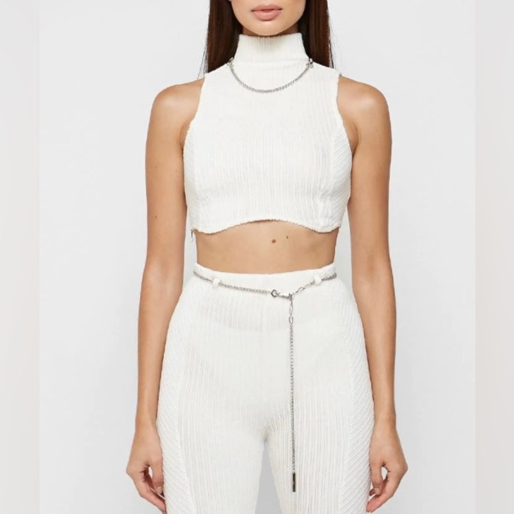 Maniere De Voir Ribbed Velour Flare Pant and Crop 2 Piece Set in Off-white